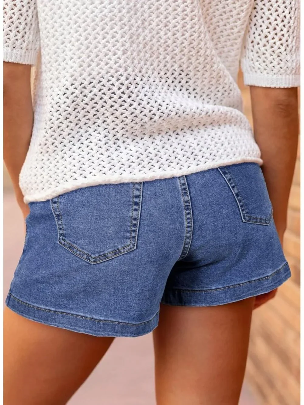 Women's Dark Blue High Waisted Stretchy Shorts Double Button Denim Jean Shorts